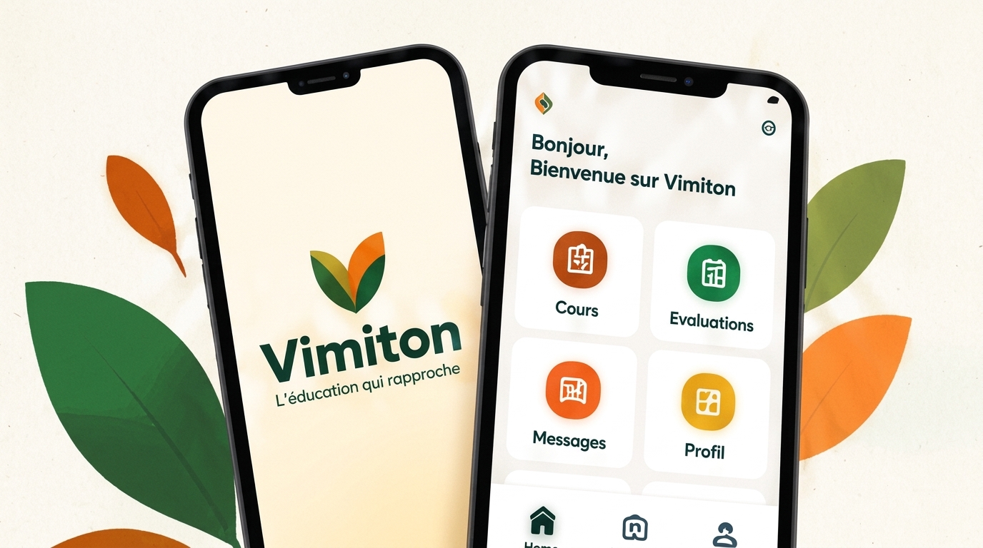 L'application Vimiton sur deux téléphones : cours, évaluations, messages et profil